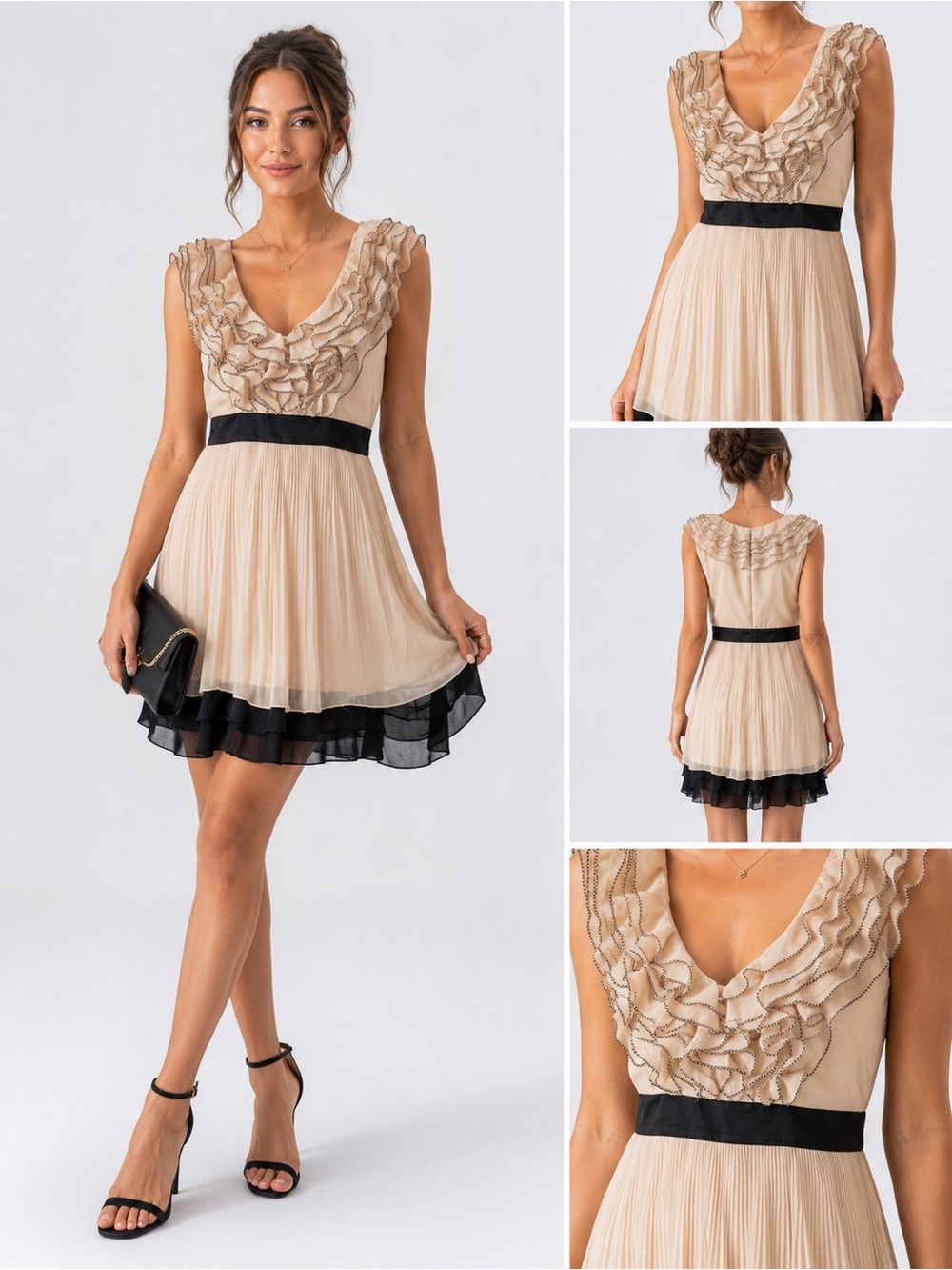 RYU NWT Ruffle Pleated Chiffon Dress Cream Black Sleeveless Cocktail Party